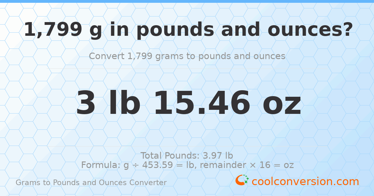 1799 g to lb and oz — 1799 g = 3 lb 15.46 oz