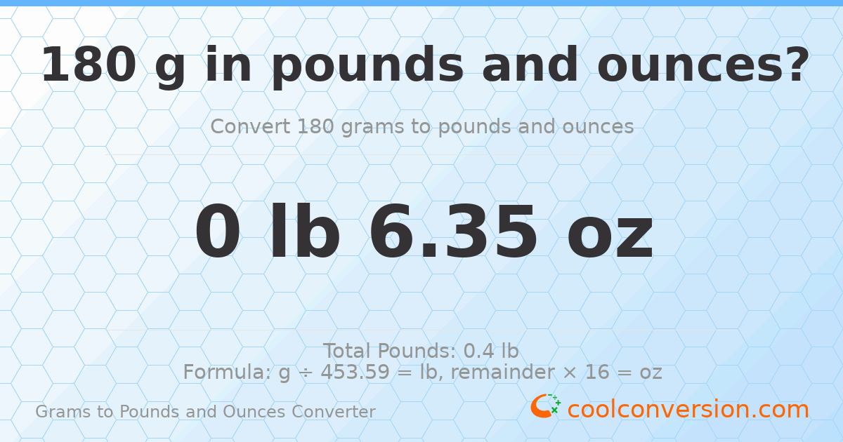 180 g to lb and oz — 180 g = 0 lb 6.35 oz
