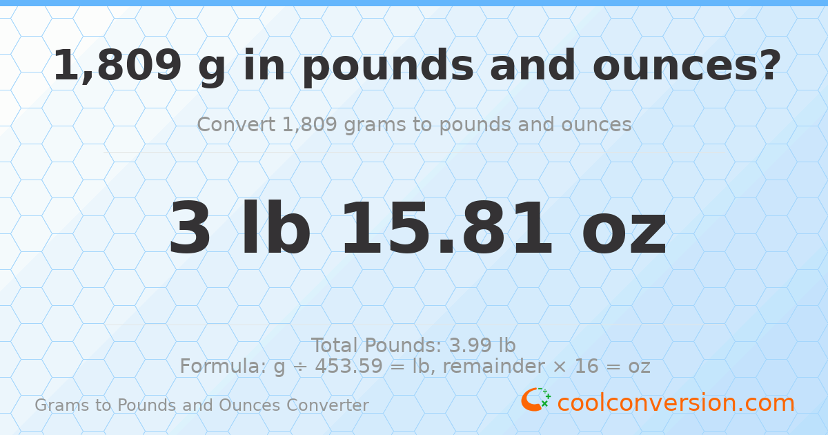 1809 g to lb and oz — 1809 g = 3 lb 15.81 oz