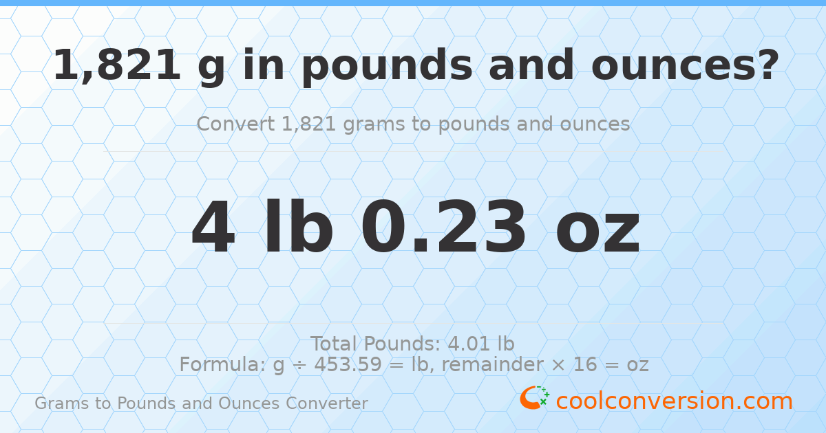 1821 g to lb and oz — 1821 g = 4 lb 0.23 oz