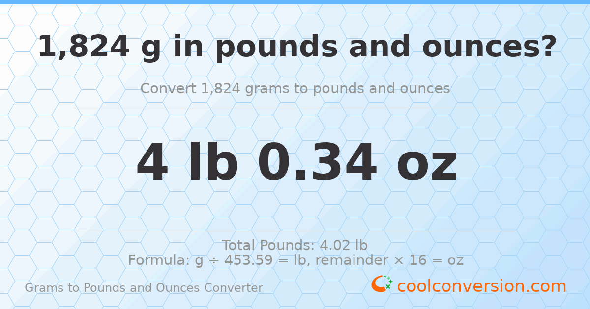1824 g to lb and oz — 1824 g = 4 lb 0.34 oz