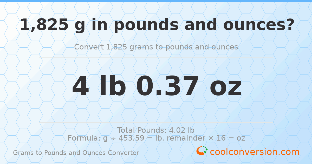 1825 g to lb and oz — 1825 g = 4 lb 0.37 oz