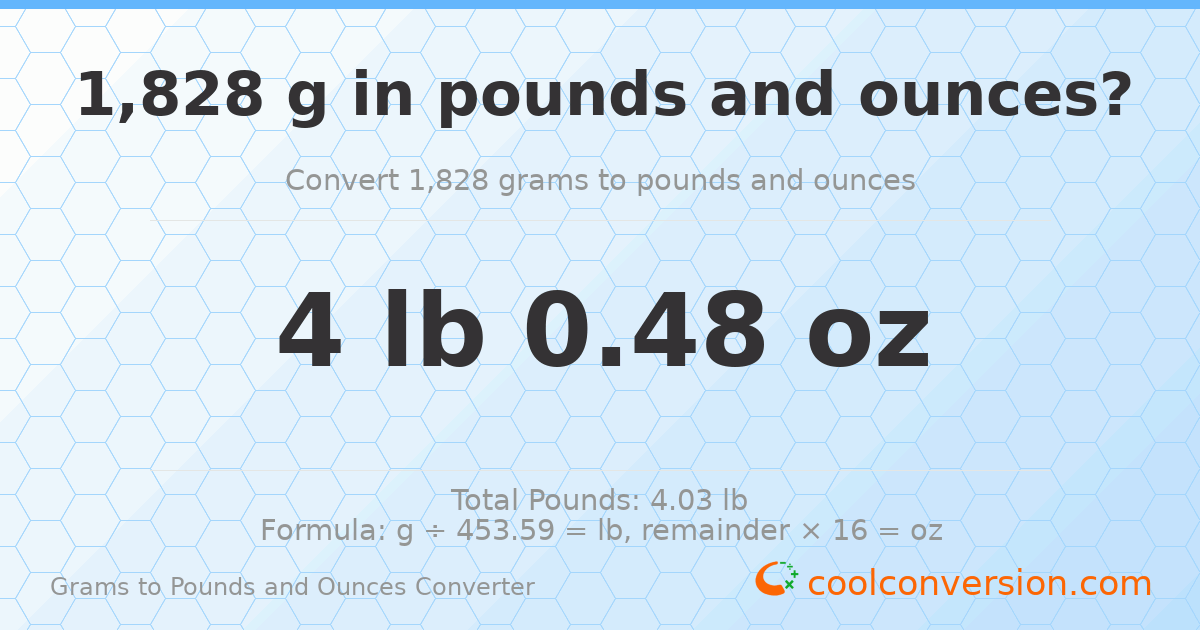 1828 g to lb and oz — 1828 g = 4 lb 0.48 oz