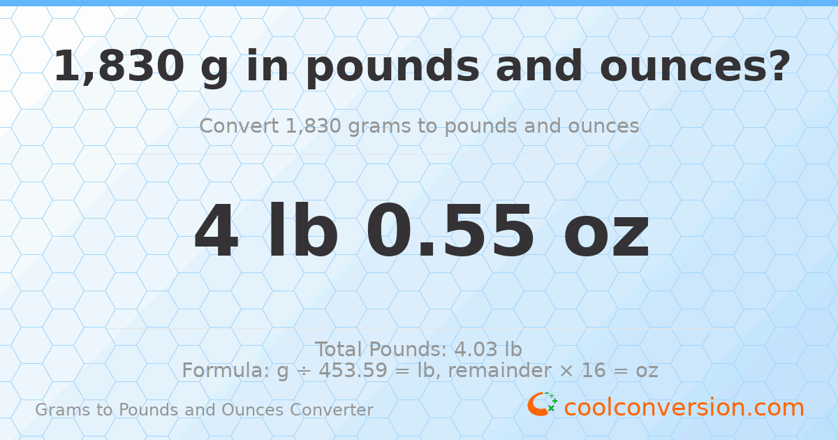 1830 g to lb and oz — 1830 g = 4 lb 0.55 oz