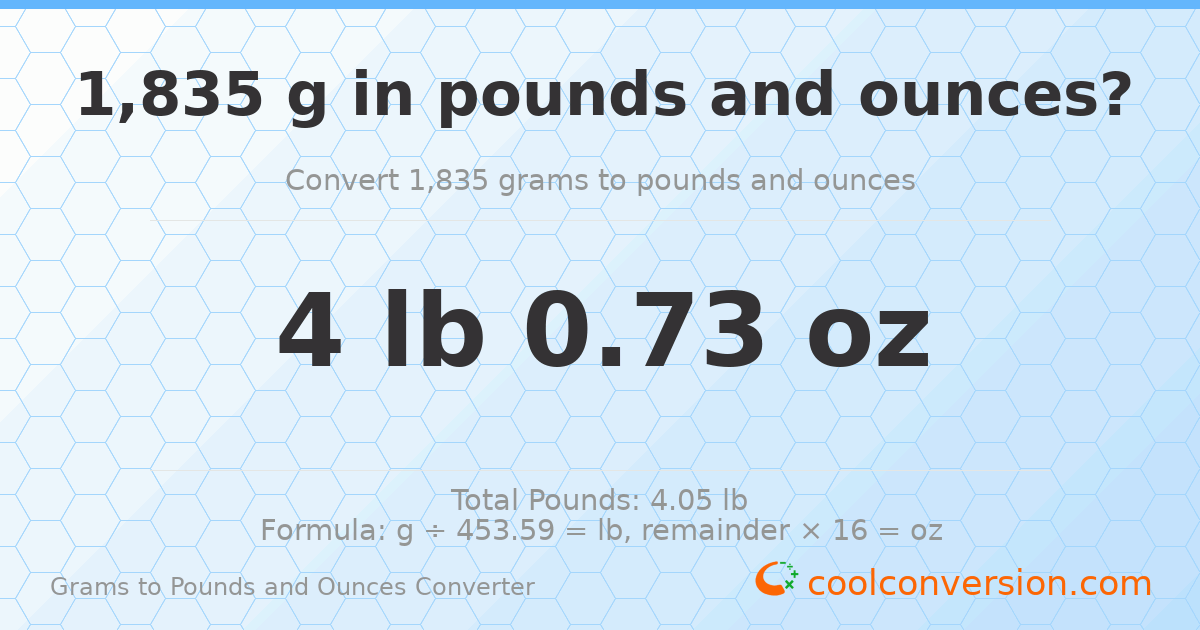 1835 g to lb and oz — 1835 g = 4 lb 0.73 oz
