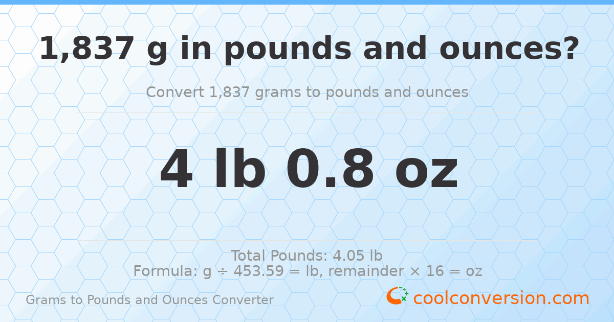 1837 g to lb and oz — 1837 g = 4 lb 0.8 oz