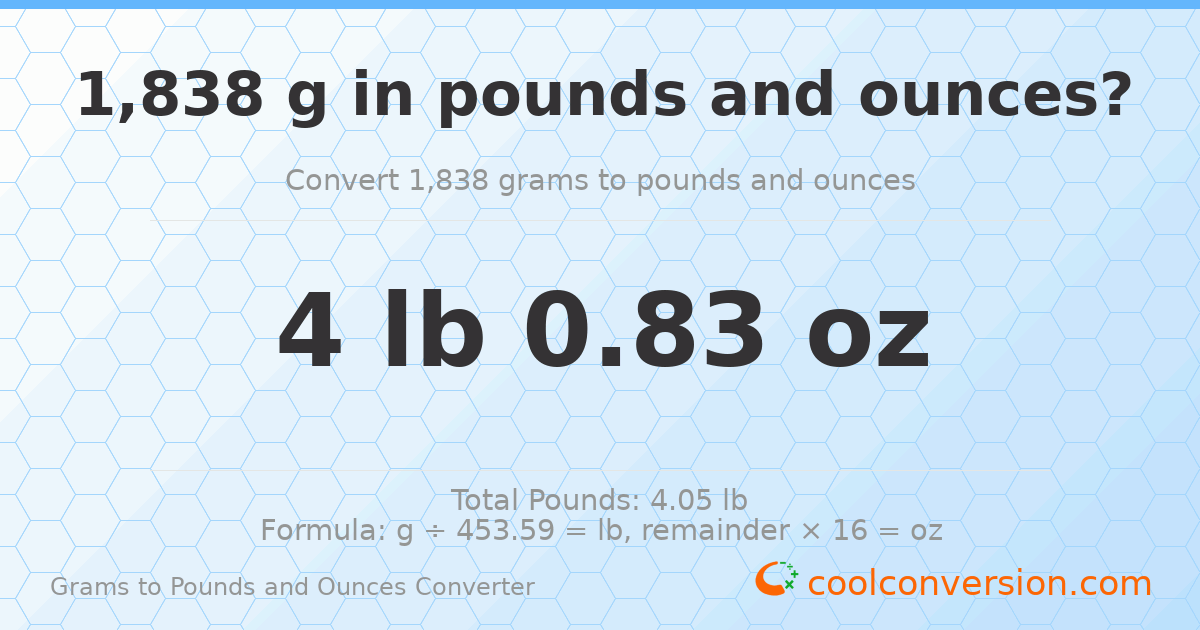 1838 g to lb and oz — 1838 g = 4 lb 0.83 oz