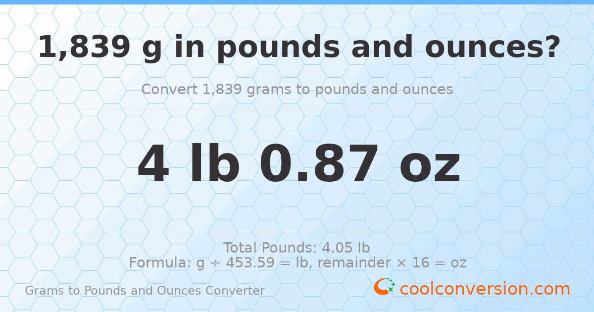 1839 g to lb and oz — 1839 g = 4 lb 0.87 oz