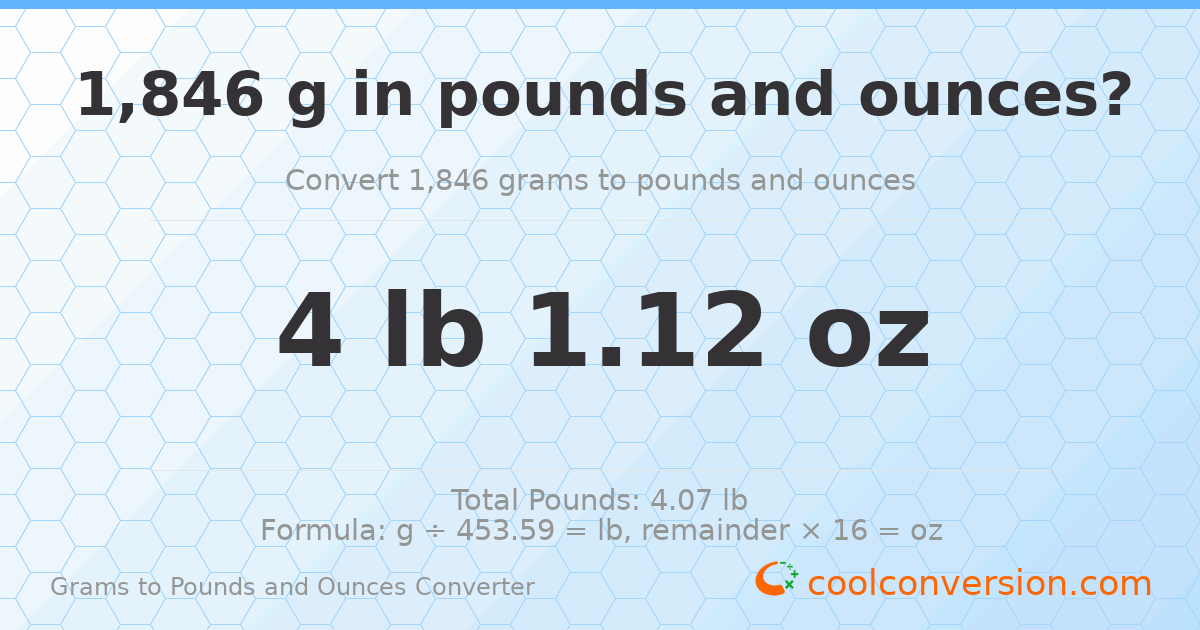1846 g to lb and oz — 1846 g = 4 lb 1.12 oz
