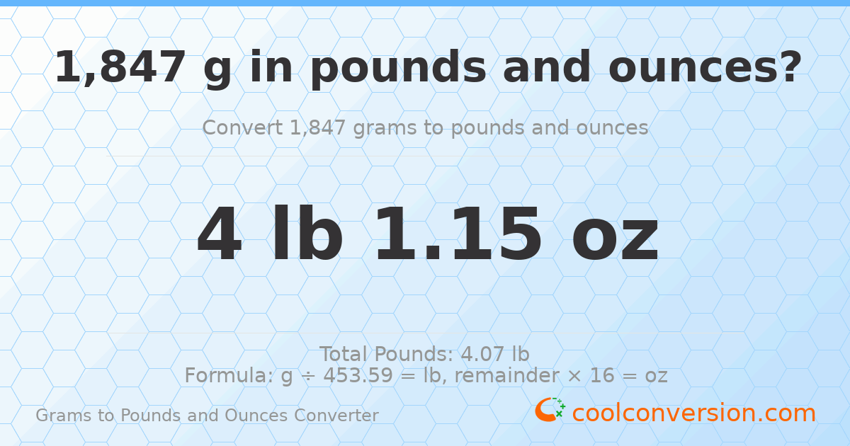 1847 g to lb and oz — 1847 g = 4 lb 1.15 oz