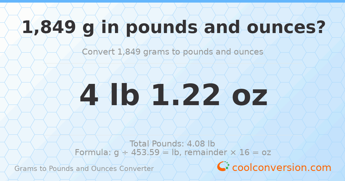 1849 g to lb and oz — 1849 g = 4 lb 1.22 oz