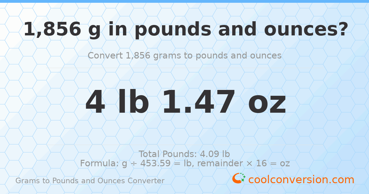 1856 g to lb and oz — 1856 g = 4 lb 1.47 oz