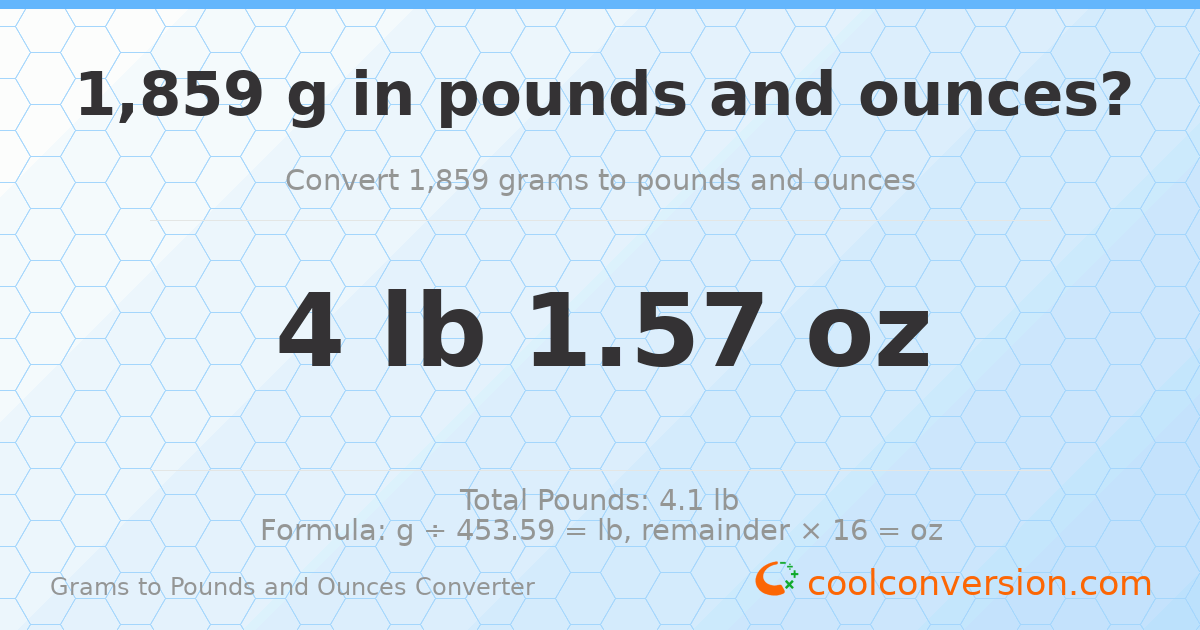 1859 g to lb and oz — 1859 g = 4 lb 1.57 oz