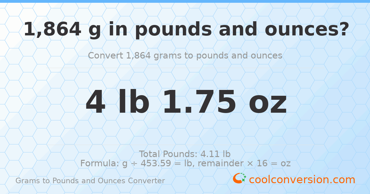 1864 g to lb and oz — 1864 g = 4 lb 1.75 oz