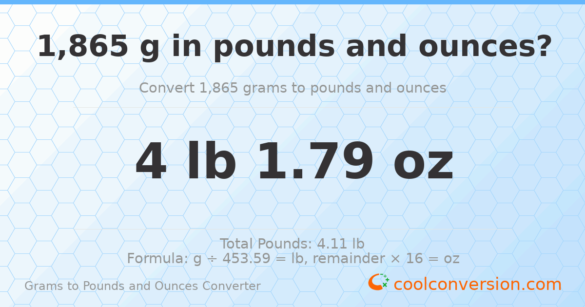 1865 g to lb and oz — 1865 g = 4 lb 1.79 oz