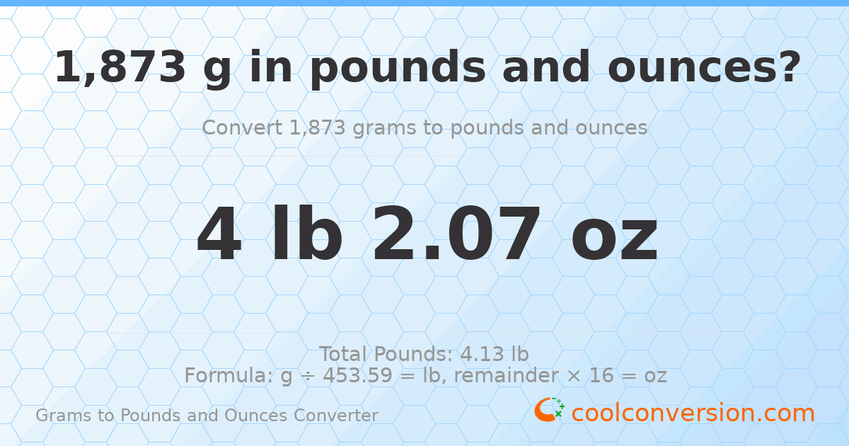 1873 g to lb and oz — 1873 g = 4 lb 2.07 oz