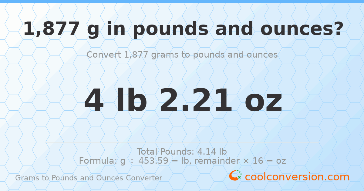 1877 g to lb and oz — 1877 g = 4 lb 2.21 oz