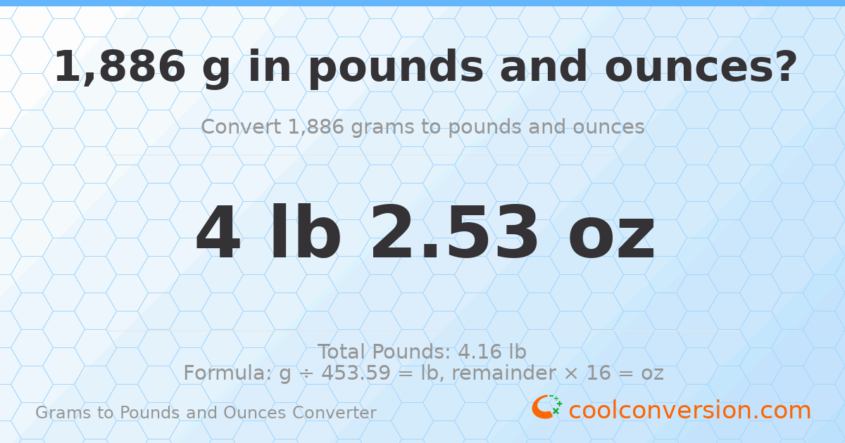 1886 g to lb and oz — 1886 g = 4 lb 2.53 oz