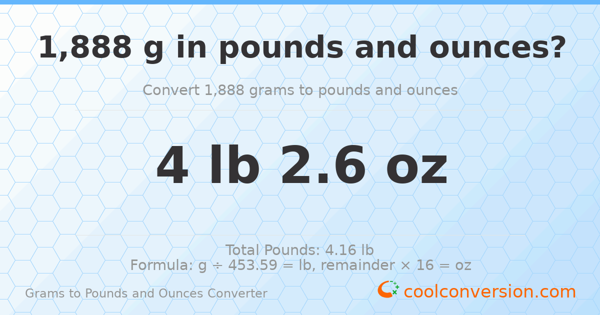1888 g to lb and oz — 1888 g = 4 lb 2.6 oz