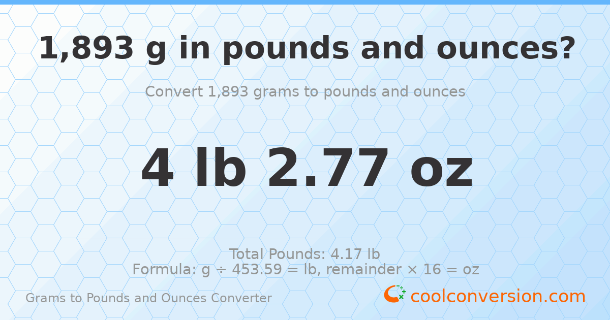 1893 g to lb and oz — 1893 g = 4 lb 2.77 oz