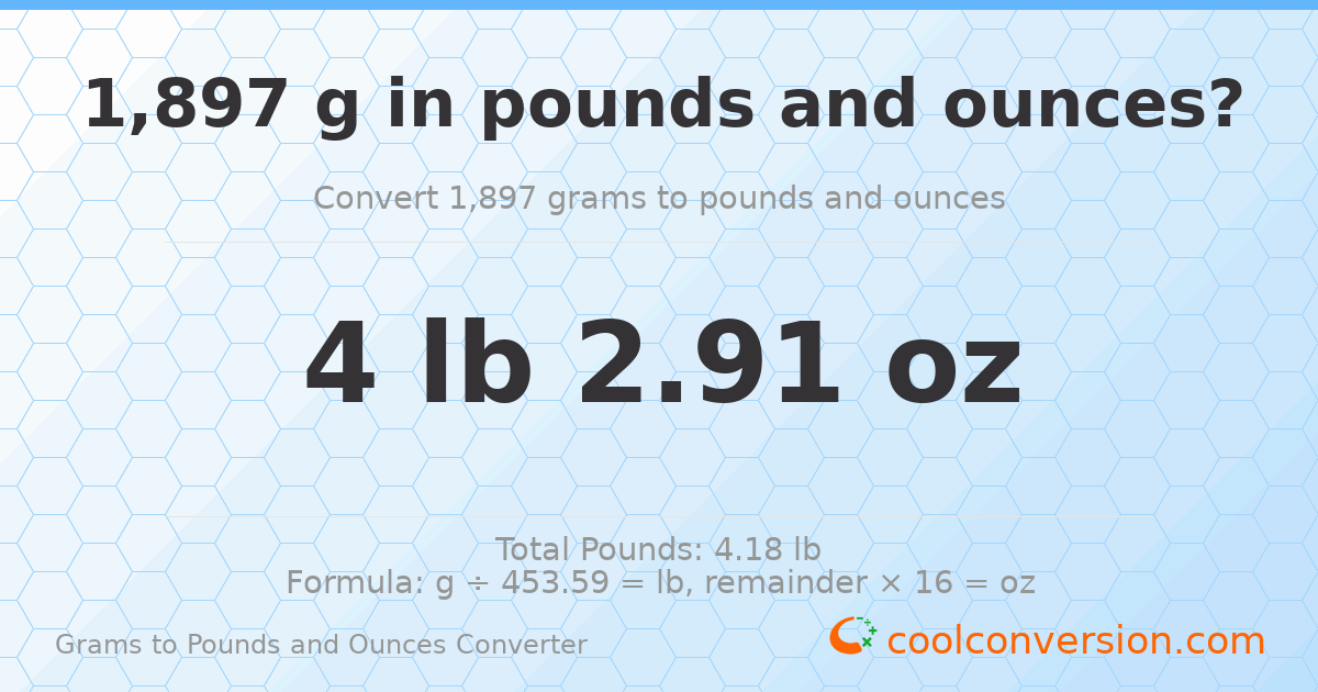 1897 g to lb and oz — 1897 g = 4 lb 2.91 oz