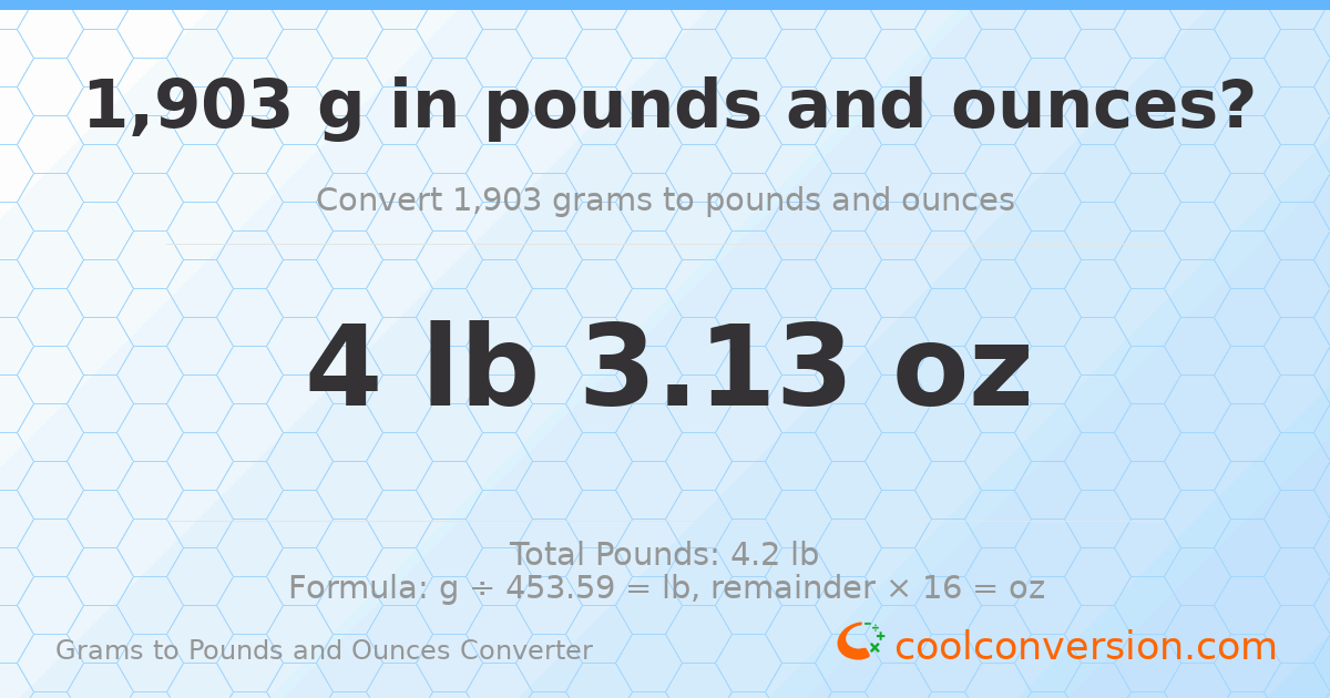 1903 g to lb and oz — 1903 g = 4 lb 3.13 oz