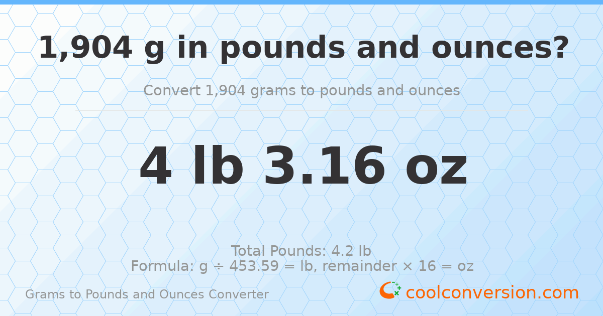 1904 g to lb and oz — 1904 g = 4 lb 3.16 oz