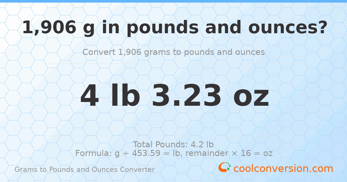 1906 g to lb and oz — 1906 g = 4 lb 3.23 oz