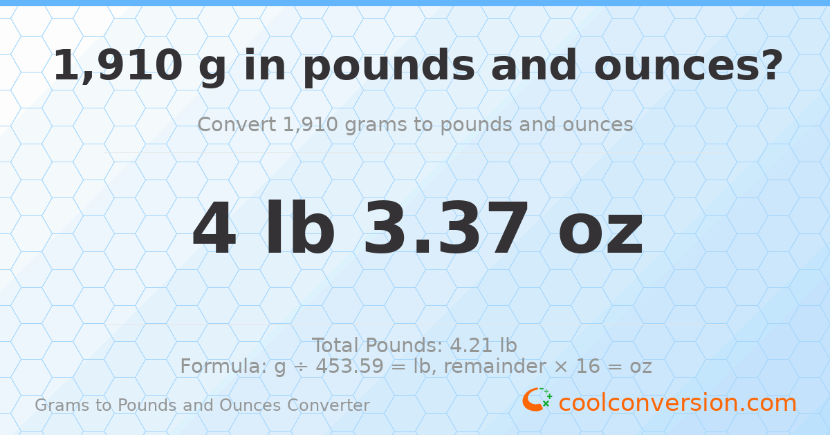 1910 g to lb and oz — 1910 g = 4 lb 3.37 oz
