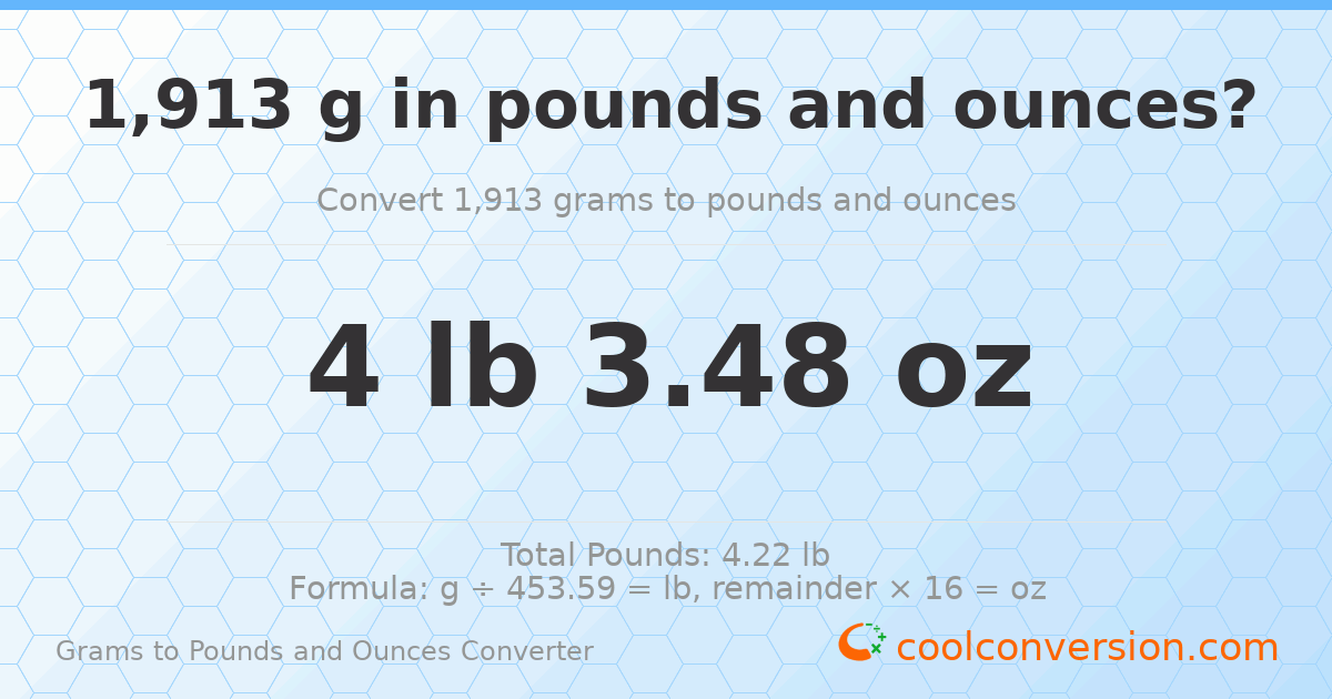 1913 g to lb and oz — 1913 g = 4 lb 3.48 oz