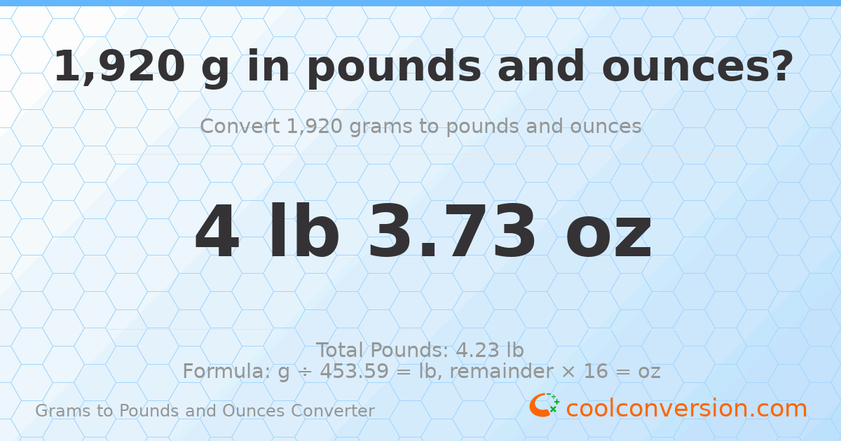1920 g to lb and oz — 1920 g = 4 lb 3.73 oz