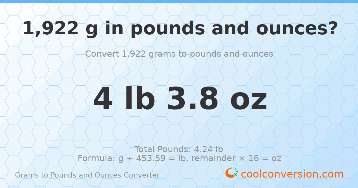 1922 g to lb and oz — 1922 g = 4 lb 3.8 oz