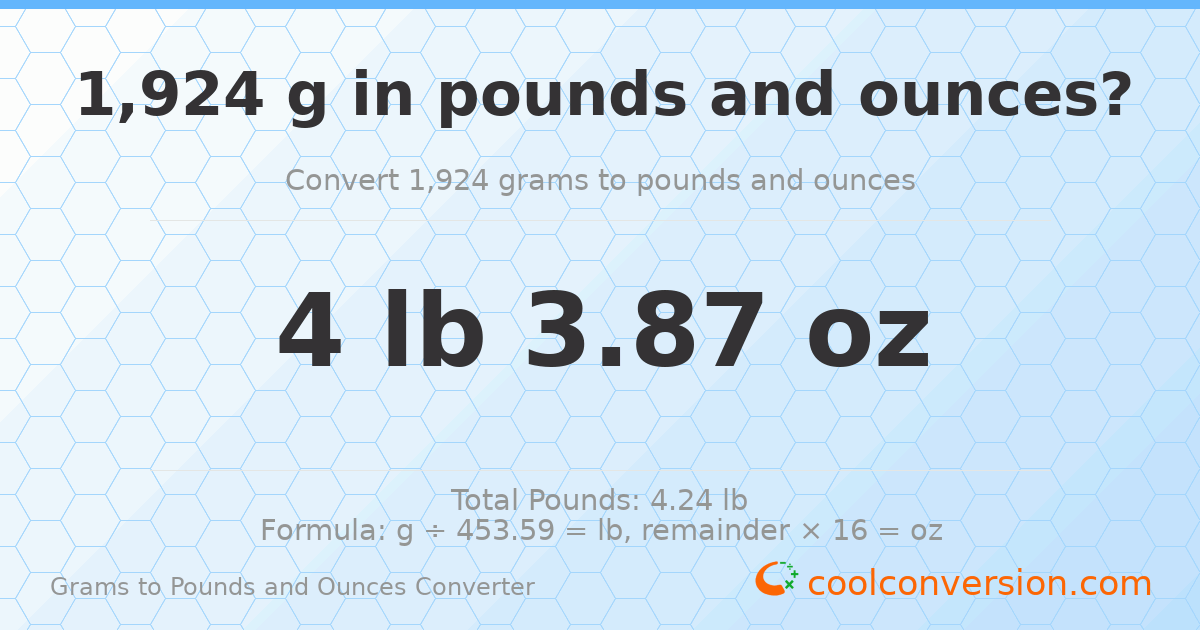 1924 g to lb and oz — 1924 g = 4 lb 3.87 oz