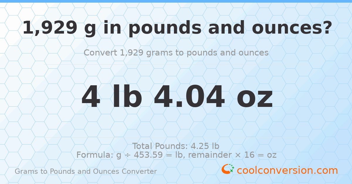 1929 g to lb and oz — 1929 g = 4 lb 4.04 oz