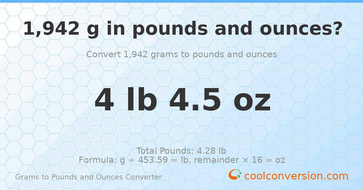 1942 g to lb and oz — 1942 g = 4 lb 4.5 oz