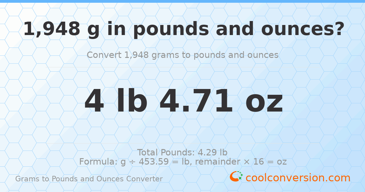 1948 g to lb and oz — 1948 g = 4 lb 4.71 oz