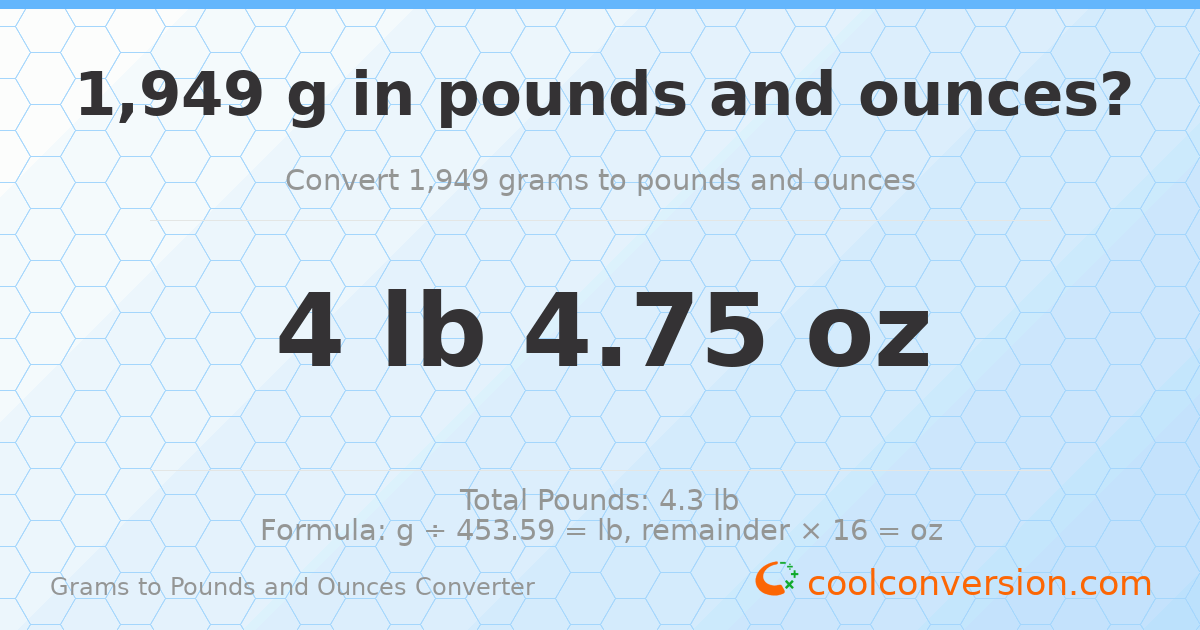 1949 g to lb and oz — 1949 g = 4 lb 4.75 oz
