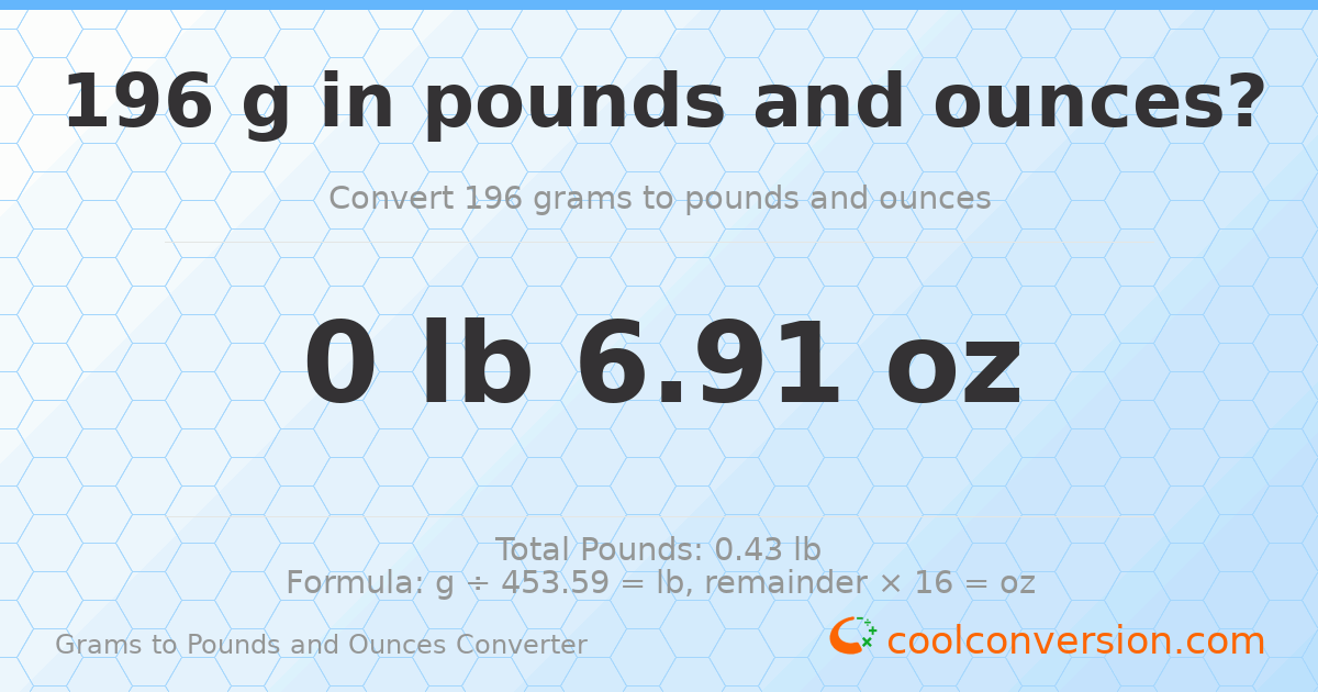 196 g to lb and oz — 196 g = 0 lb 6.91 oz