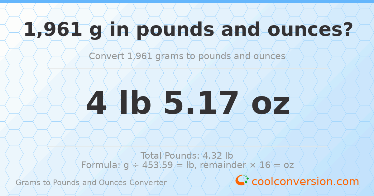 1961 g to lb and oz — 1961 g = 4 lb 5.17 oz