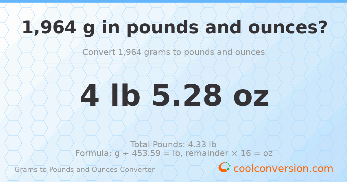 1964 g to lb and oz — 1964 g = 4 lb 5.28 oz
