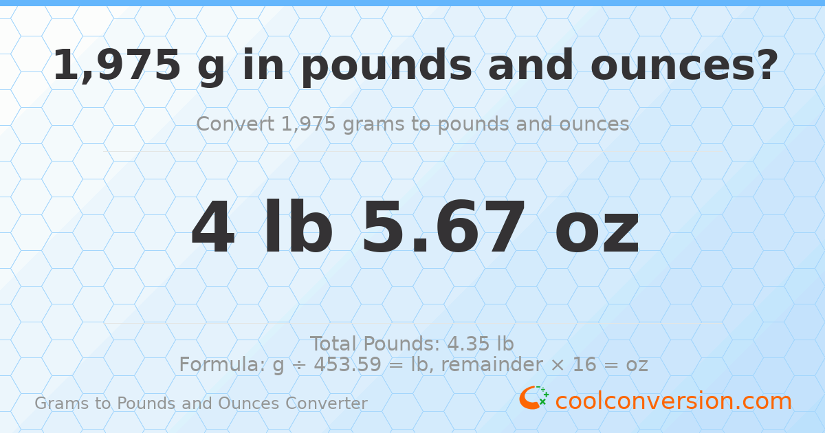 1975 g to lb and oz — 1975 g = 4 lb 5.67 oz