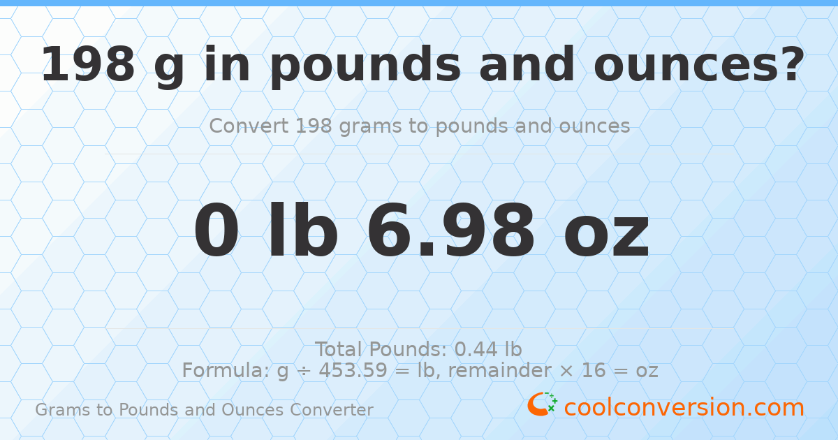 198 g to lb and oz — 198 g = 0 lb 6.98 oz
