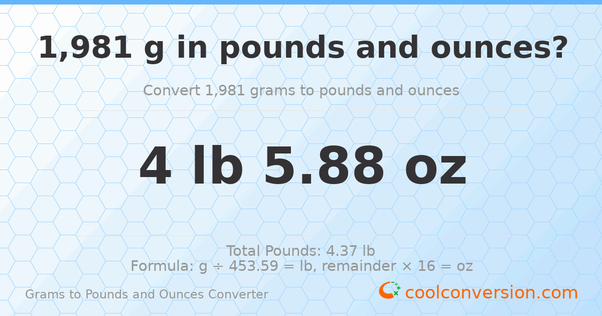 1981 g to lb and oz — 1981 g = 4 lb 5.88 oz