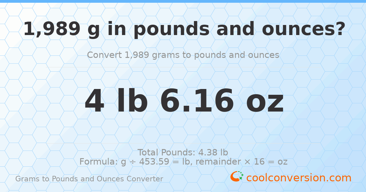 1989 g to lb and oz — 1989 g = 4 lb 6.16 oz