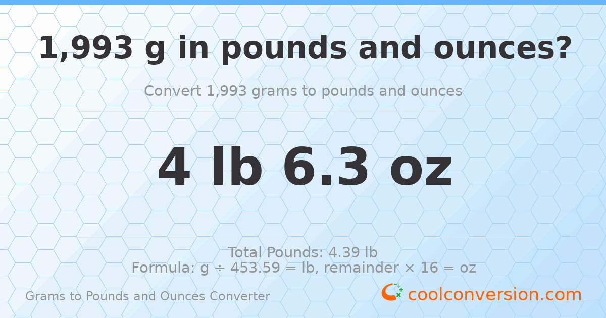 1993 g to lb and oz — 1993 g = 4 lb 6.3 oz