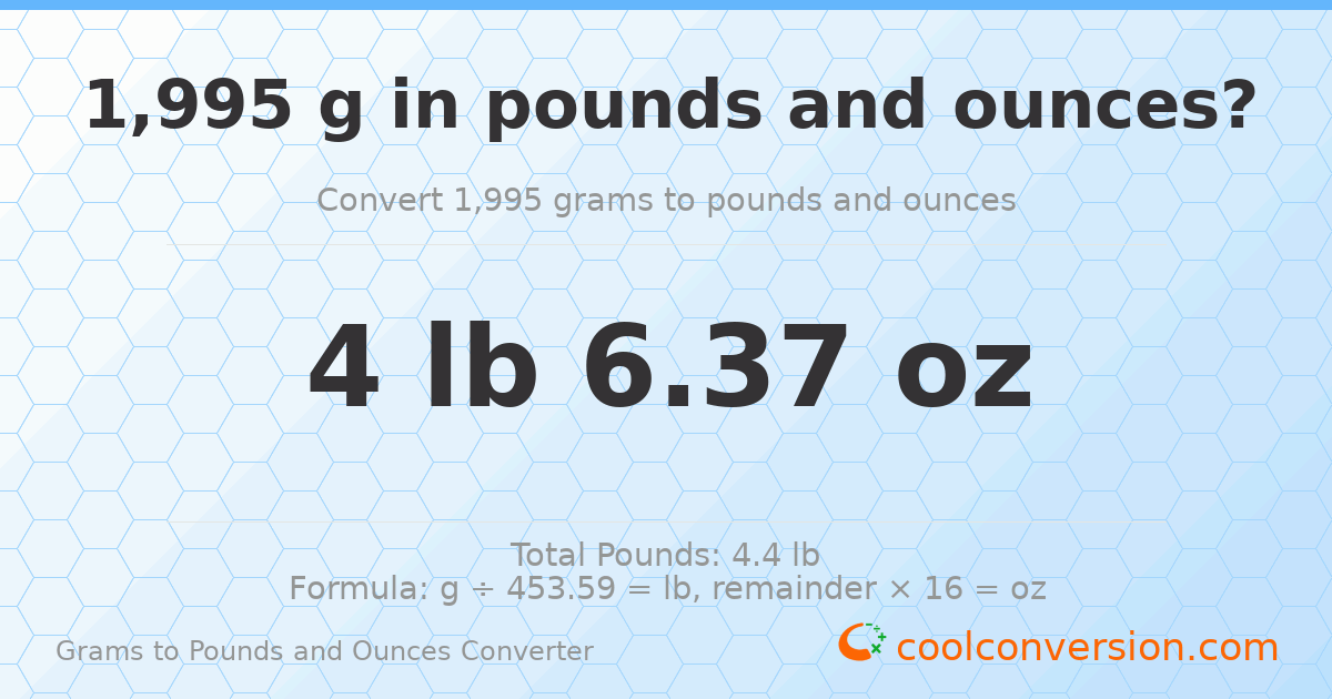 1995 g to lb and oz — 1995 g = 4 lb 6.37 oz