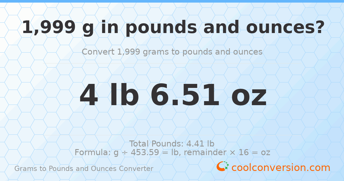 1999 g to lb and oz — 1999 g = 4 lb 6.51 oz
