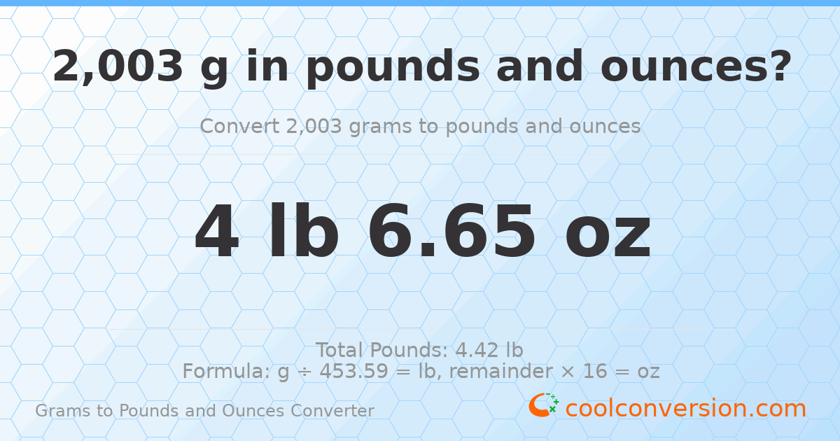 2003 g to lb and oz — 2003 g = 4 lb 6.65 oz