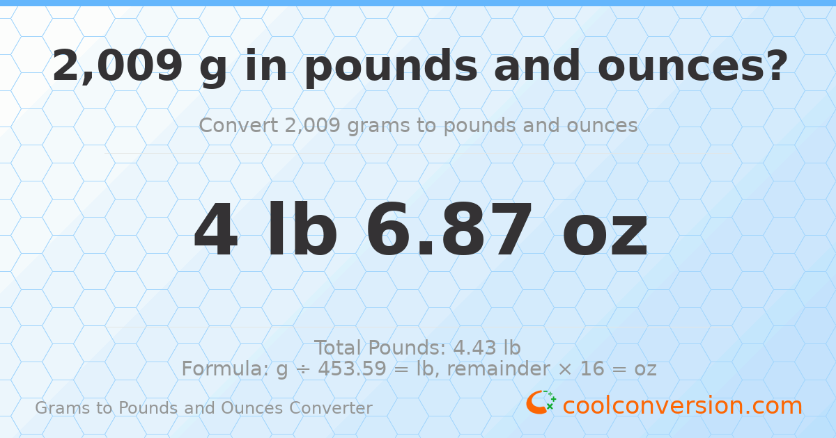 2009 g to lb and oz — 2009 g = 4 lb 6.87 oz
