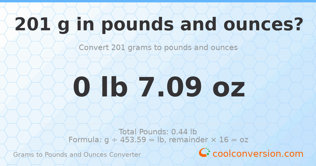 201 g to lb and oz — 201 g = 0 lb 7.09 oz